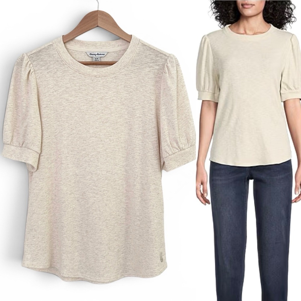 Tommy Bahama Women Small Beige 100% Cotton Ashby Isles Slub Puff Sleeve Top NWOT